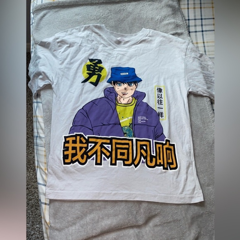 Zara White Tee with Blue and Yellow Graphic